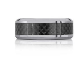 Silver colored tantalum ring with carbon fiber inlay.