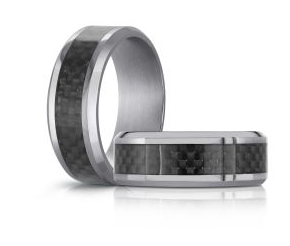 Silver colored tantalum ring with carbon fiber inlay.