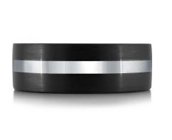 Black tantalum & carbon fiber ring with silver colored stripes.