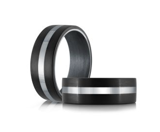 Black tantalum & carbon fiber ring with silver colored stripes.