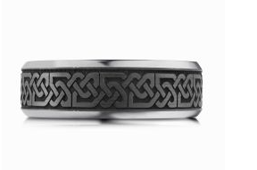 Black and silver colored Tantalum & Carbon Fiber ring with Celtic knot design.