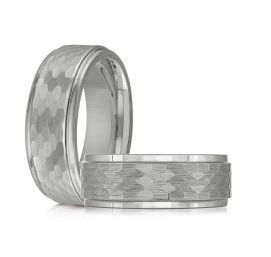 The Malo 8MM TUNGSTEN Men's Band features a stylish hammered geometric texture for a modern wedding look.