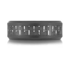 Black tungsten men's ring with engraved design.