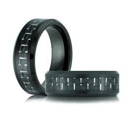 Black tungsten men's ring with engraved design.