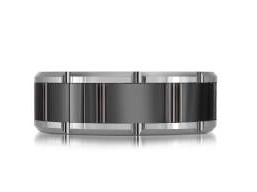 Silver colored tungsten ring with black accent.