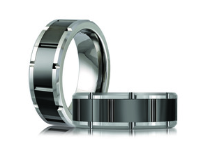 Silver colored tungsten ring with black accent.