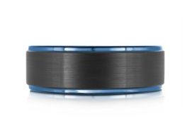 The Malo 7mm Tungsten Men's Ring features a brushed black center and shiny blue edges, shown on a white background.