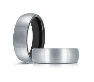 Silver colored tungsten ring with black interior.