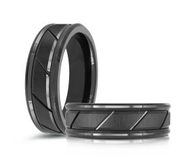 Black tungsten ring with a textured design.