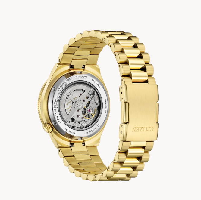 Citizens TSUYOSA Shore watch, gold-tone steel, auto Caliber 8210, displays movement through its caseback.