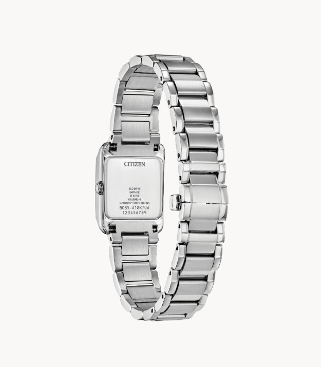 Citizens L Bianca women's watch features Eco-Drive tech and square case back, shown in white stainless steel.