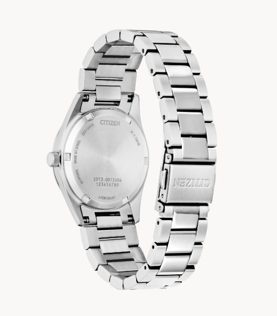 Back view of a silver Citizens Sport Luxury Watch with metal band, engraved model details on case shown.
