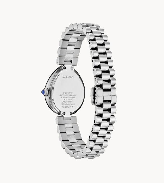 Citizen L Rainell by Citizens: silver-tone Eco-Drive watch with metal link band, displayed from back case and clasp.