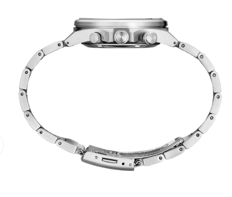 Side view of a Seiko Essentials Men's Watch with stainless steel bracelet, open clasp, and case buttons visible.