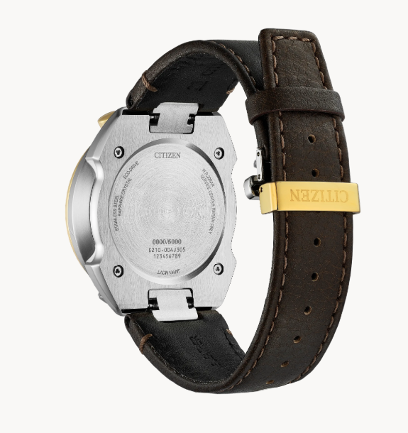 Citizen watch shown from the back, featuring a brushed silver stainless steel case and a dark brown leather strap with a gold-tone buckle clasp.