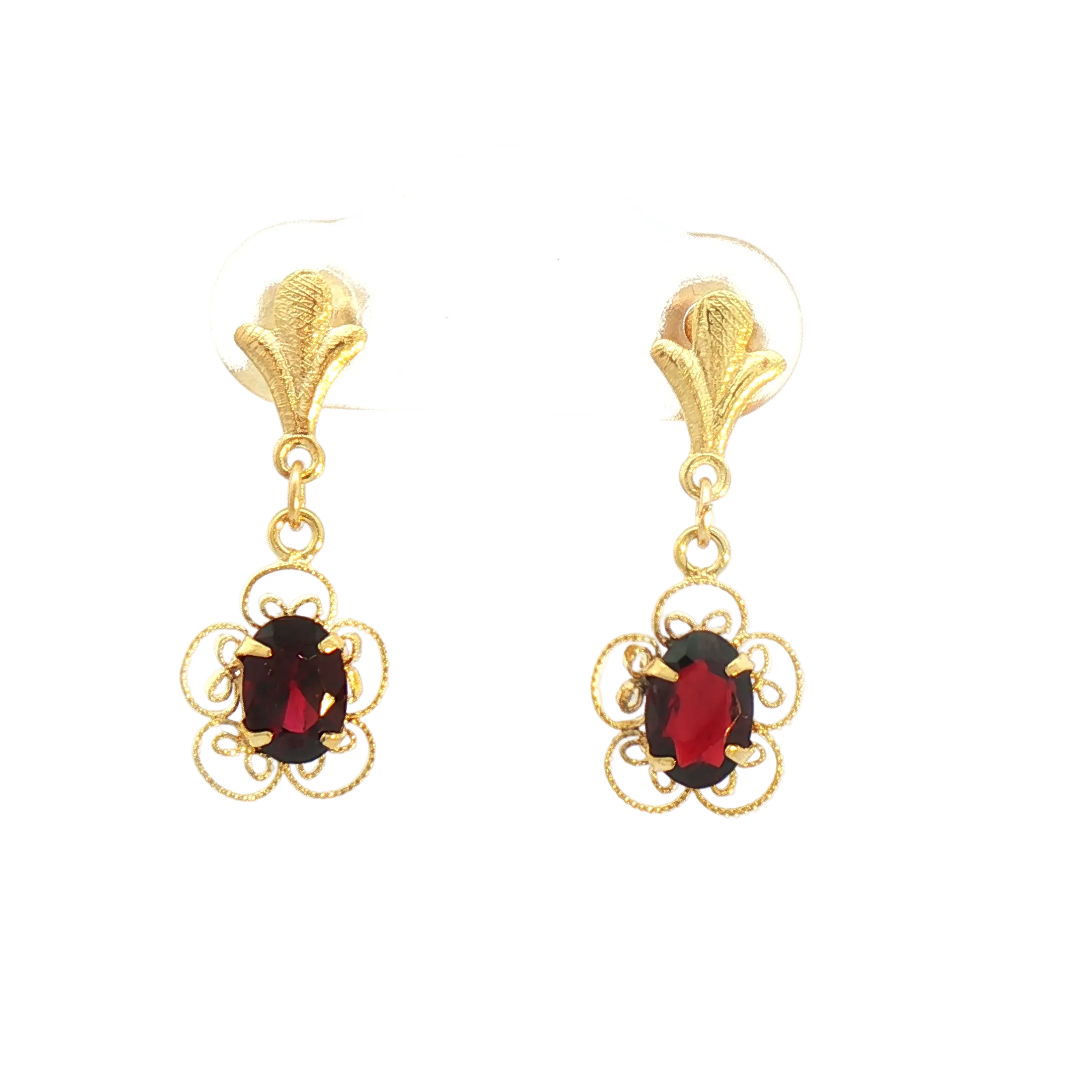 Kent Island Jewelry Estate 14k YG garnet open work dangle earrings with ornate floral design.