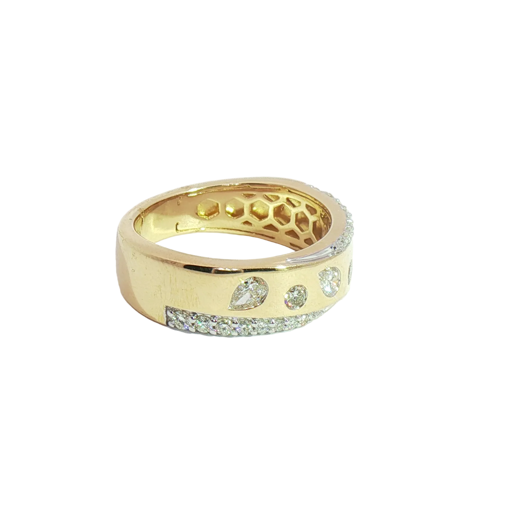 The 14K Mixed Shape Diamond Band by Diamond Universe features teardrop and round diamonds in a honeycomb gold design.