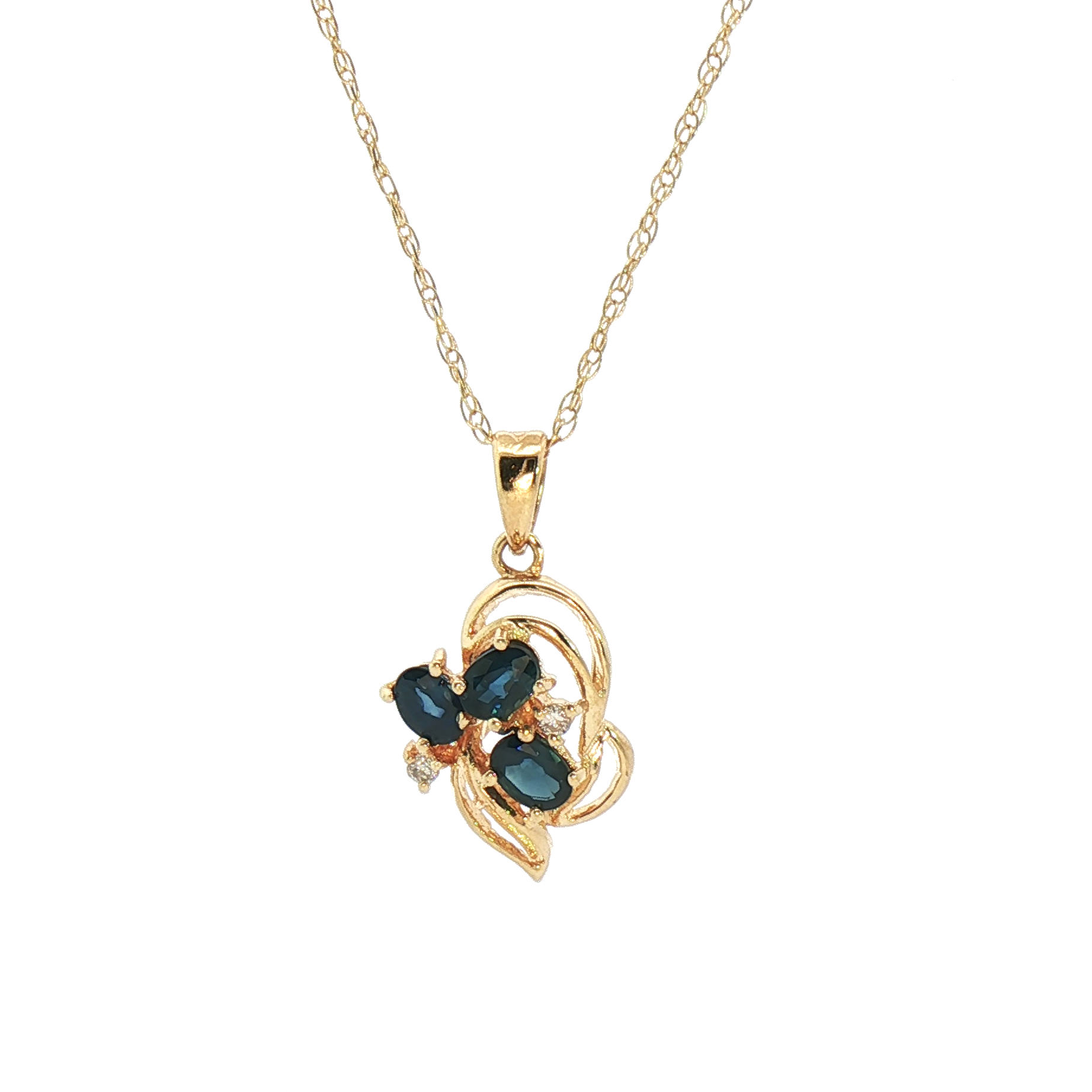 Estate 14K yellow gold Spinel & Diamond Necklace by Kent Island Jewelry, featuring a delicate leaf design.