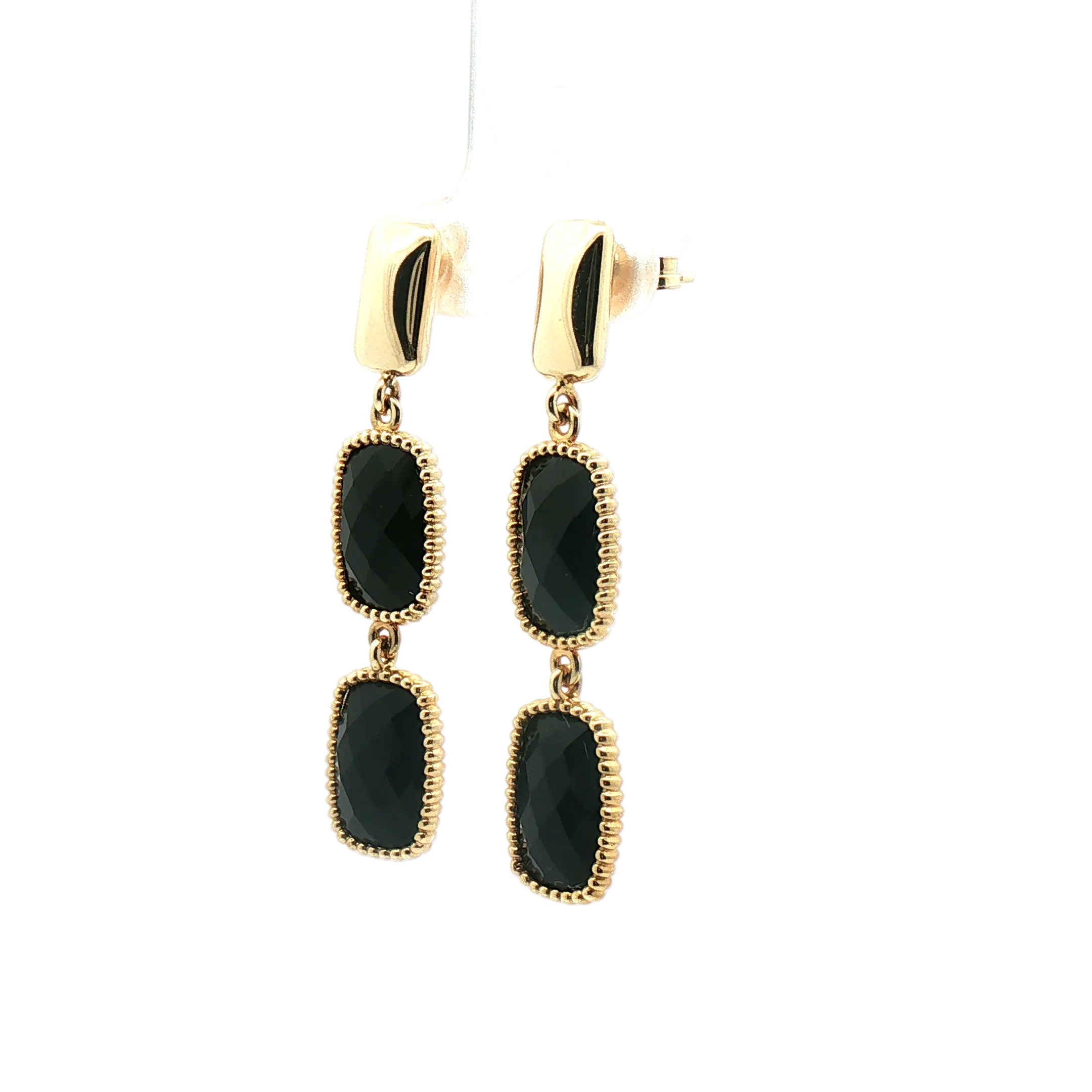Estate 14K Yellow Gold Beaded Bezel Onyx Drop Earrings by Kent Island Jewelry.