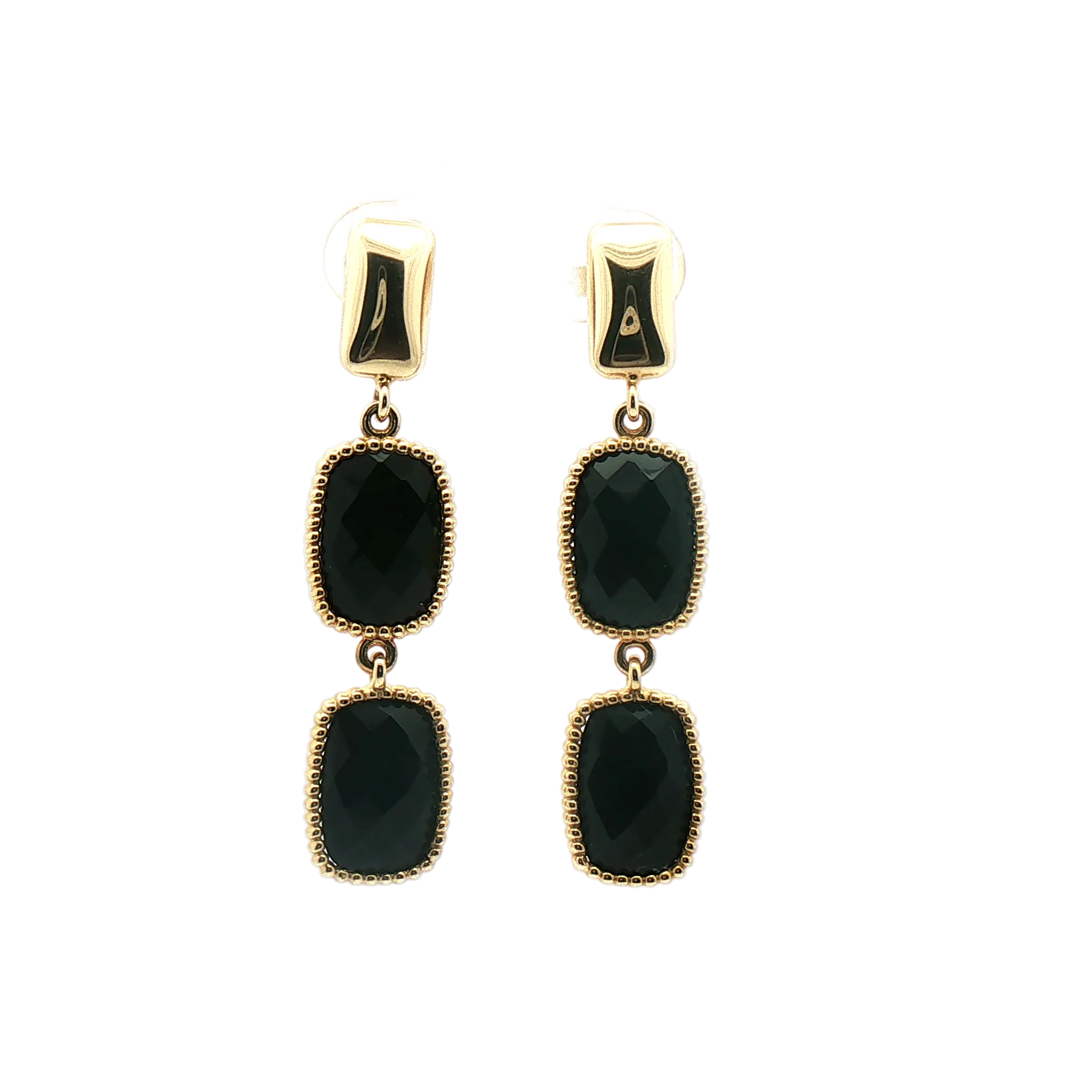 Kent Island Jewelry Estate 14K gold drop earrings with beaded bezels and two rectangular black onyx stones.