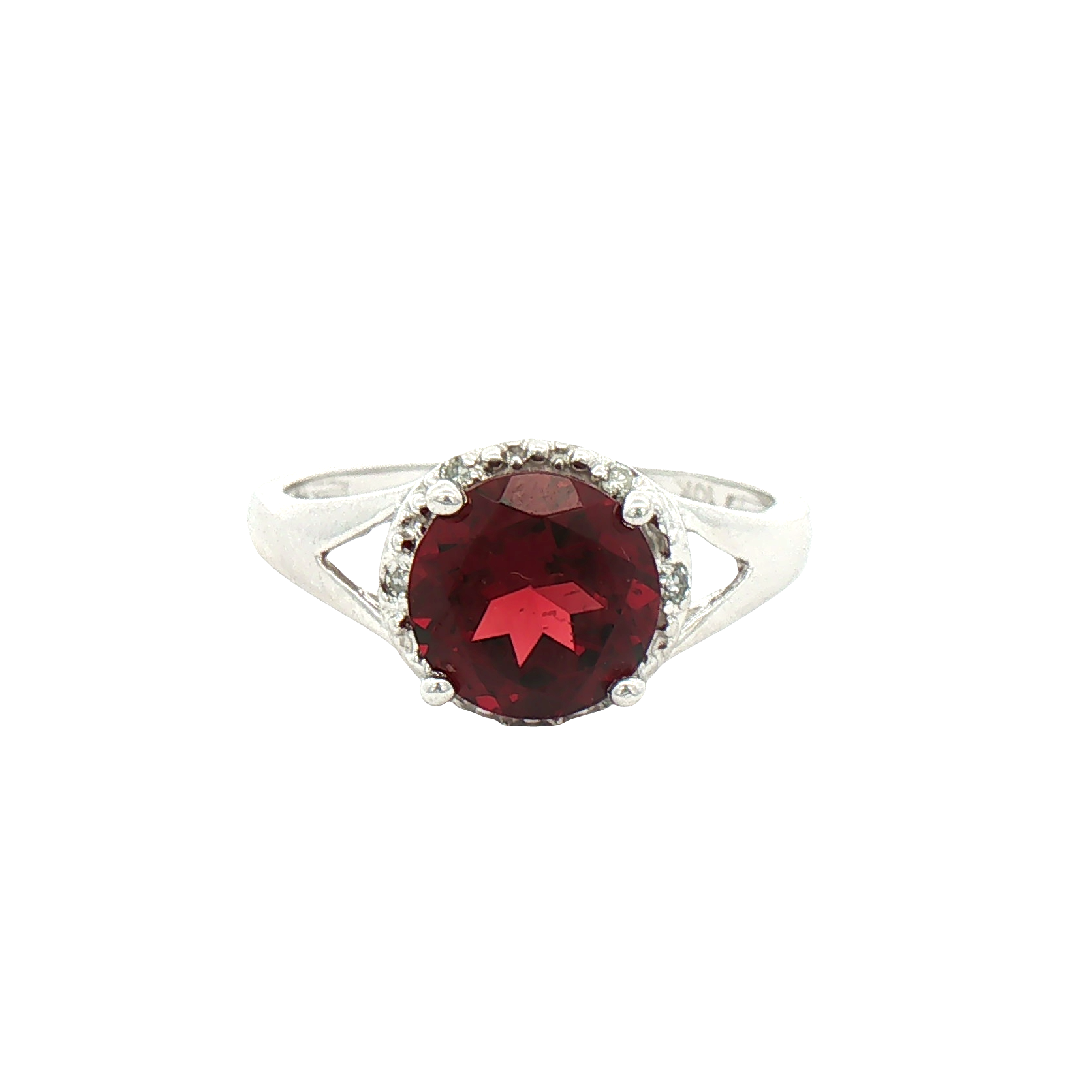 Kent Island Jewelry Estate 10K white gold split shank garnet halo cocktail ring on white background.