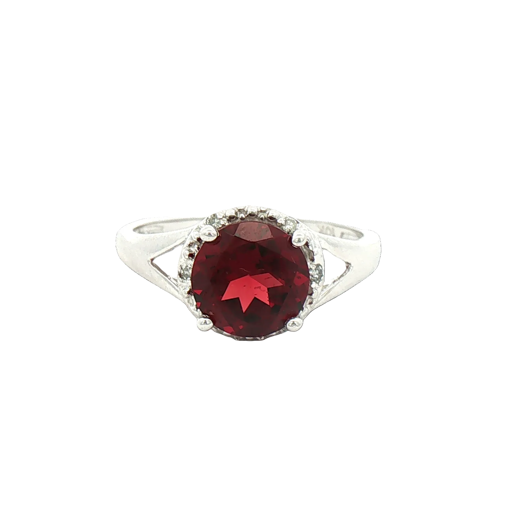 Kent Island Jewelry Estate 10K white gold split shank garnet halo cocktail ring.