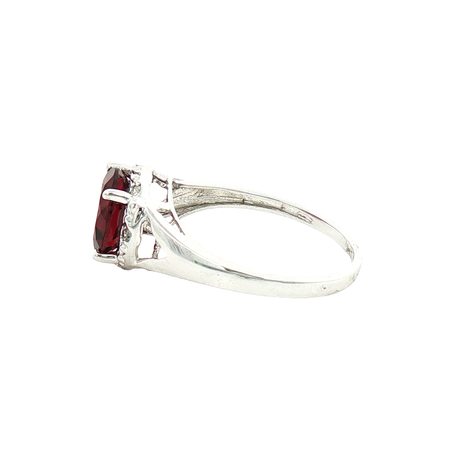 Kent Island Jewelry Estate 10K White Gold Split Shank Garnet Halo Cocktail Ring shown on a white background.