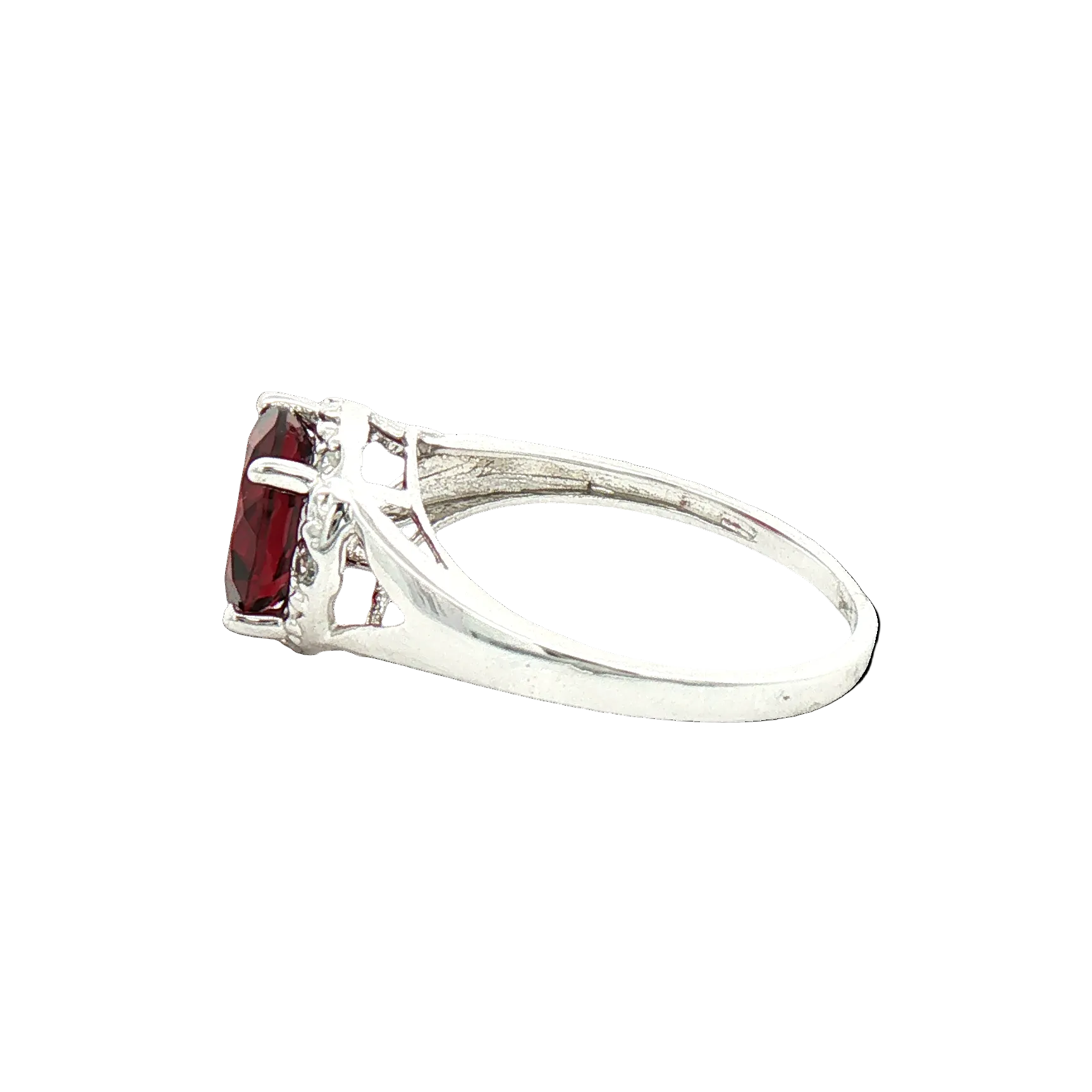Kent Island Jewelry Estate 10K White Gold Split Shank Garnet Halo Cocktail Ring.