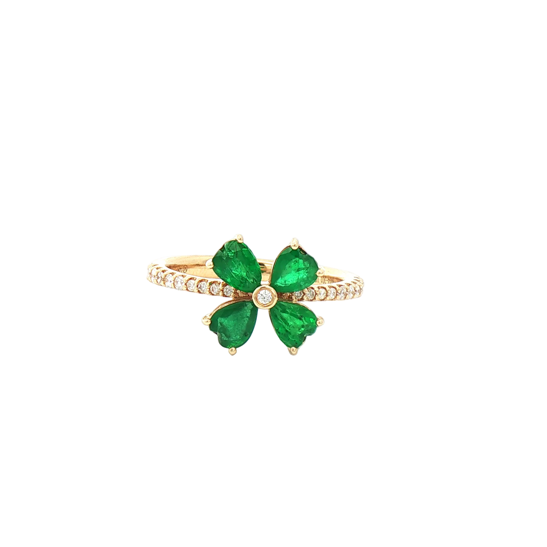 Kent Island Jewelry’s Estate 14K Yellow Gold Emerald Clover Ring with diamond accents, isolated on white.