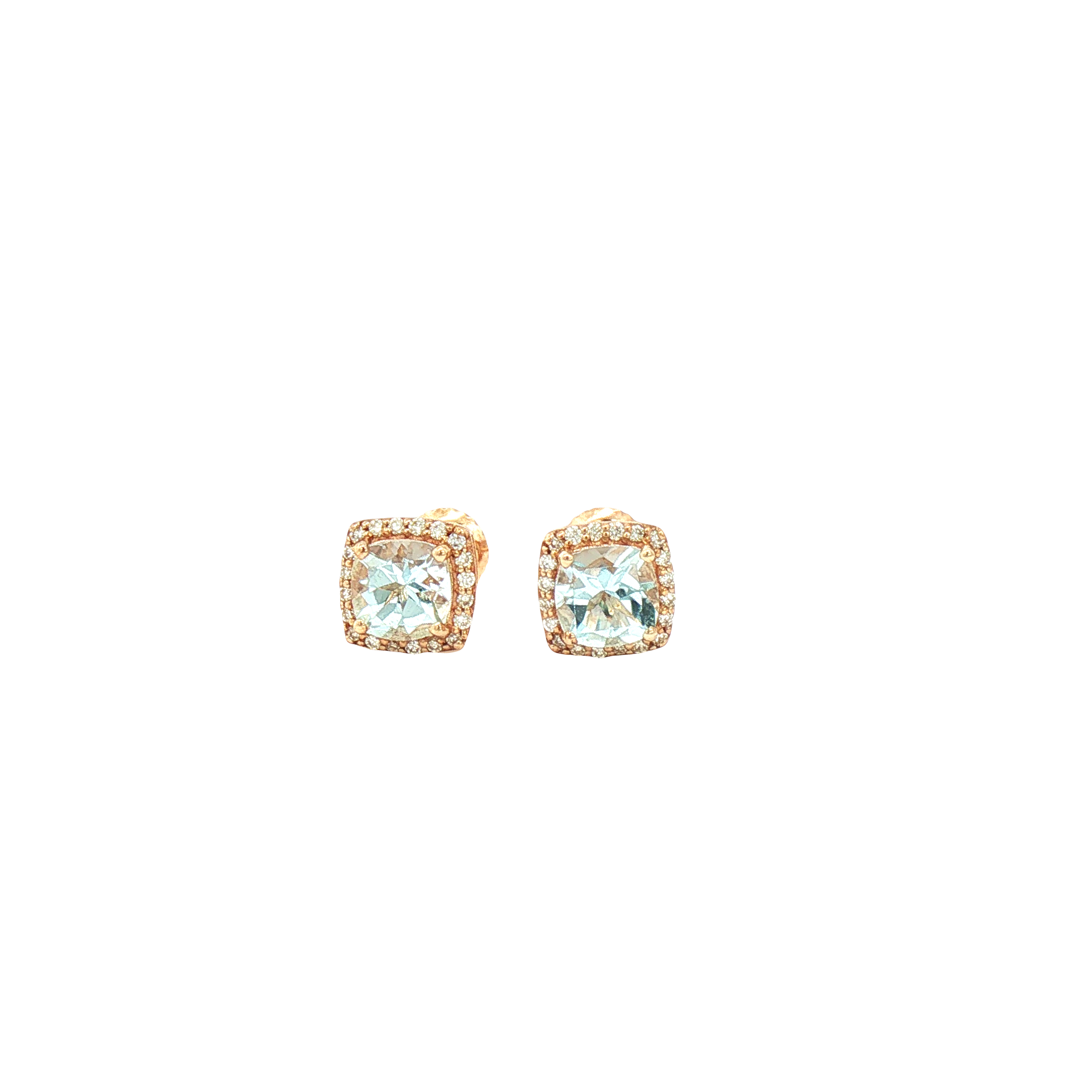 Kent Island Jewelry Estate 10K Yellow Gold Cushion-Cut Aquamarine Halo Stud Earrings on a plain white background.
