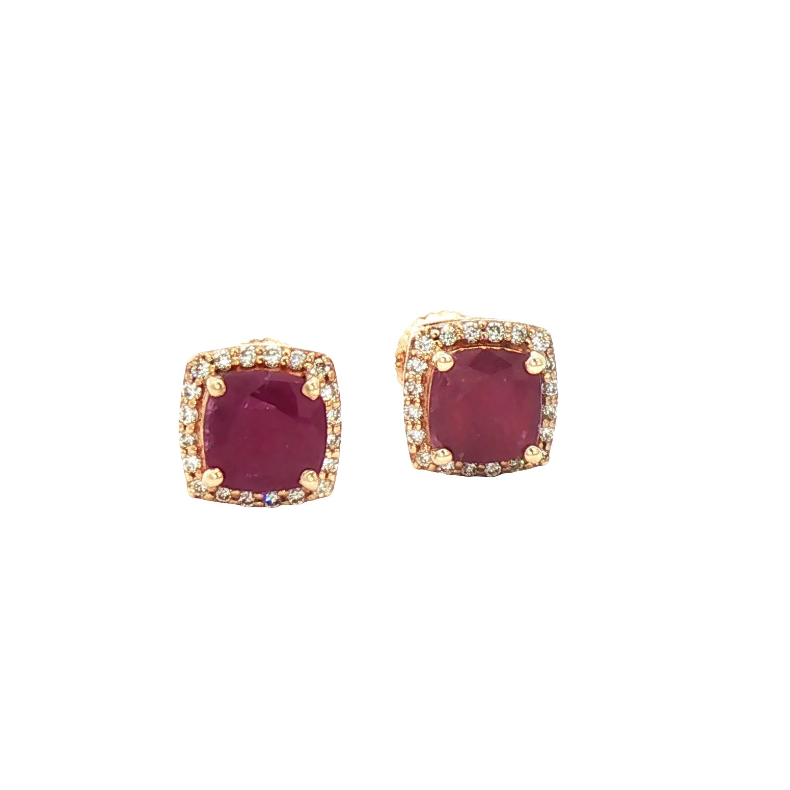 Kent Island Jewelry Estate 10K yellow gold stud earrings with cushion-cut rubies and crystal halo.