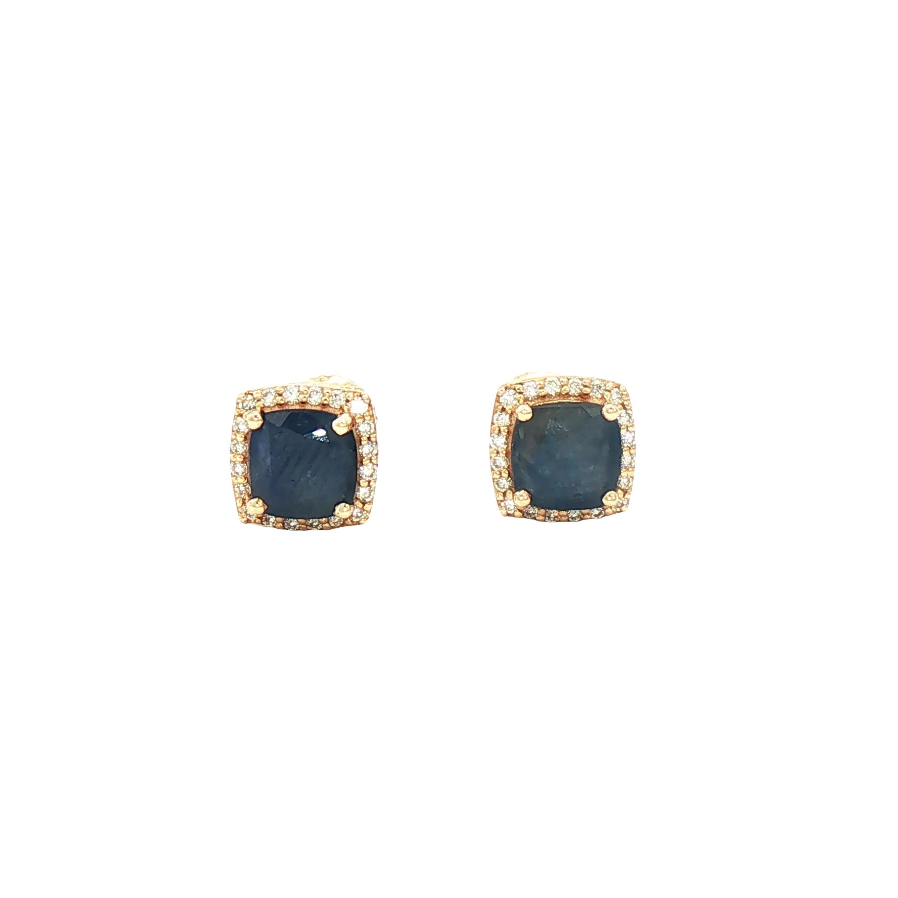Estate 10K Yellow Gold Cushion-Cut Sapphire Halo Stud Earrings by Kent Island Jewelry.
