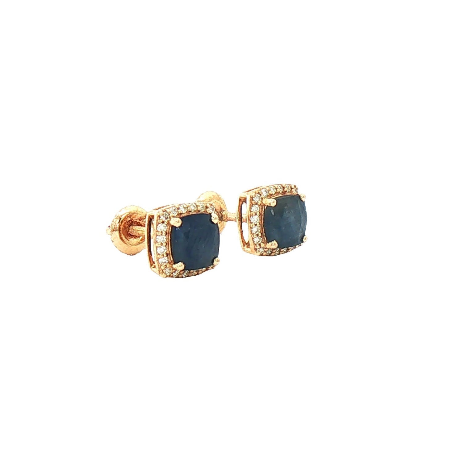 Kent Island Jewelry Estate 10K gold stud earrings with cushion-cut sapphires and crystal halos.