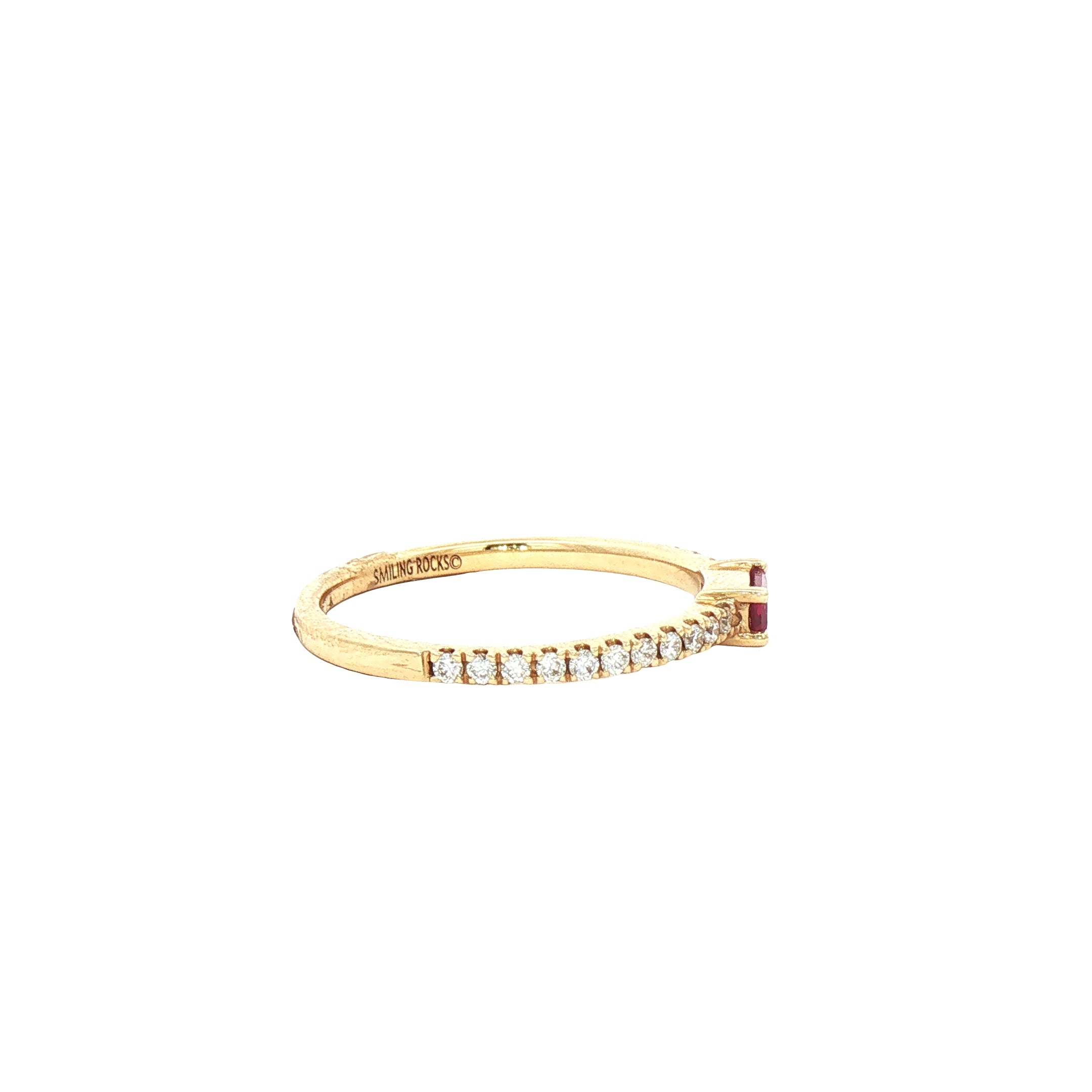 Kent Island Jewelry Estate 14K yellow gold lab-grown ruby and diamond ring, shown on a white background.