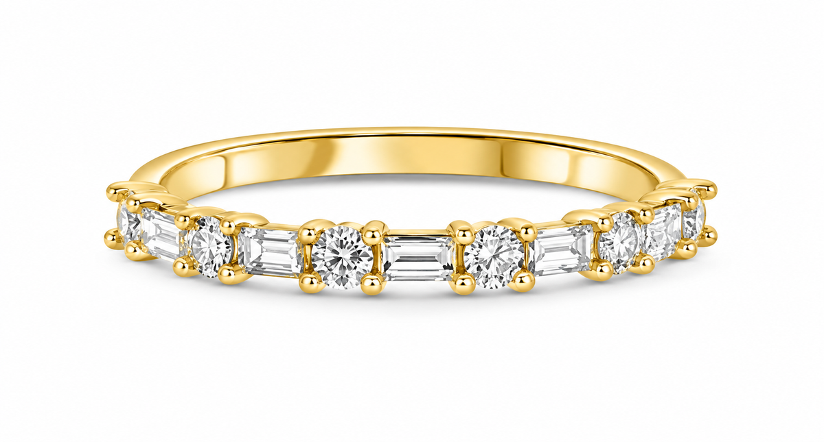 Roman & Jules 14K yellow gold band with round and baguette diamonds, perfect for stacking.