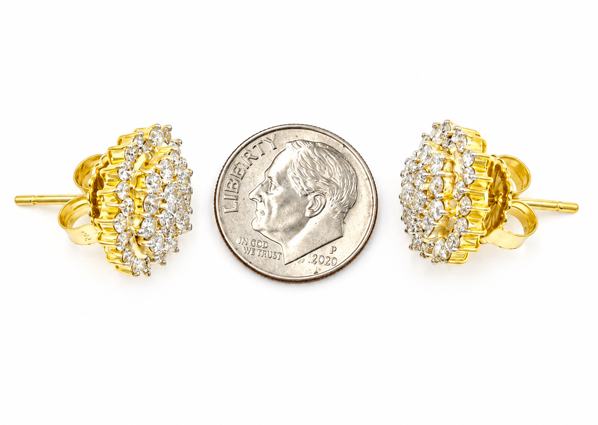 Kent Island Jewelry 18k Yellow Gold Diamond Cluster Studs shown next to a US dime for scale.