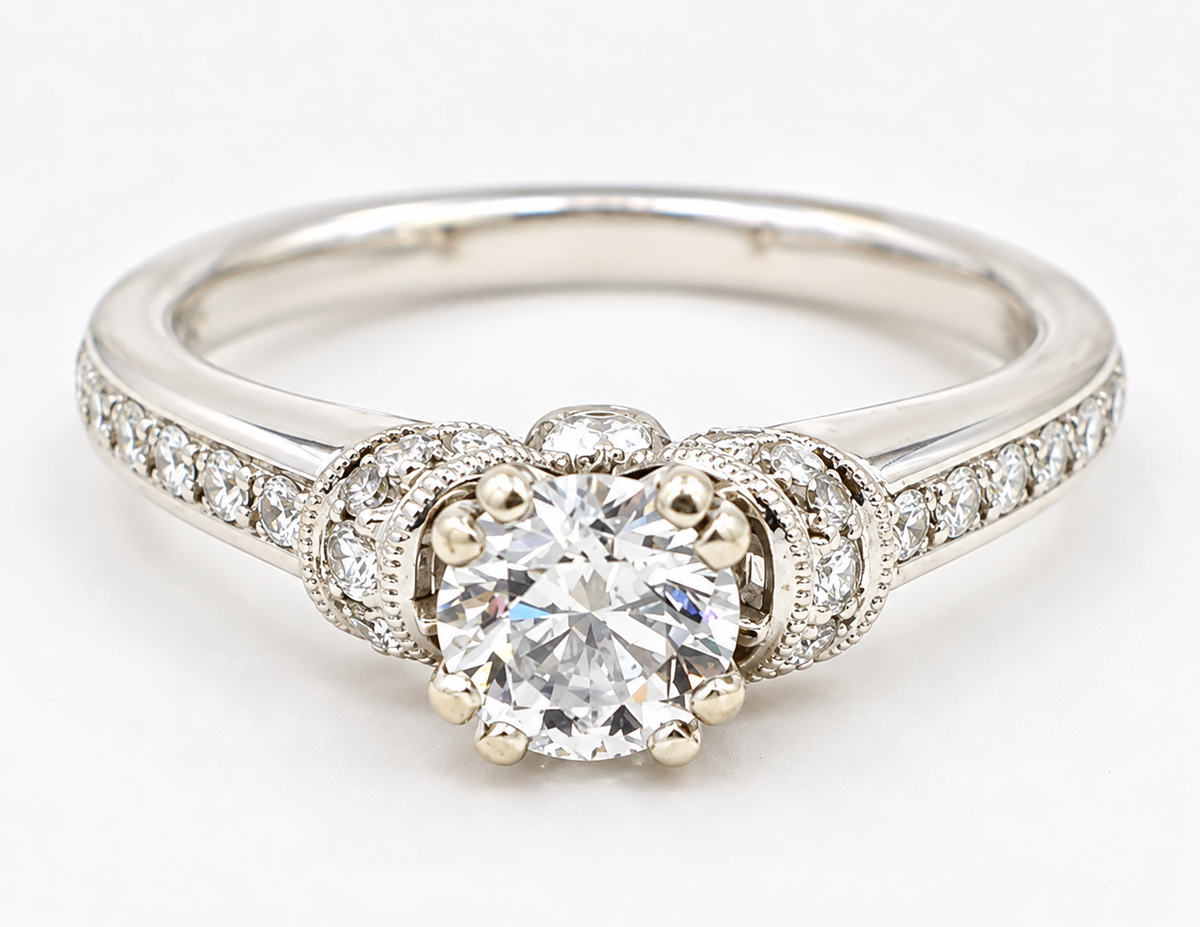 Kent Island Jewelry Estate 14k White Gold Diamond High Setting ring with a large round center diamond, halo, and band.