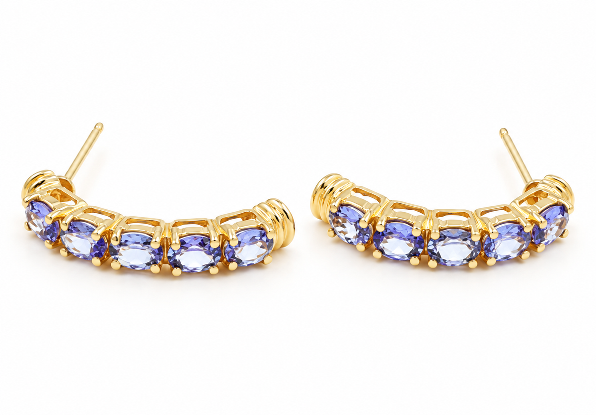 Kent Island Jewelry Estate 14k Yellow Gold Tanzanite Gemstone Half Hoop Earrings with oval, light purple tanzanites.