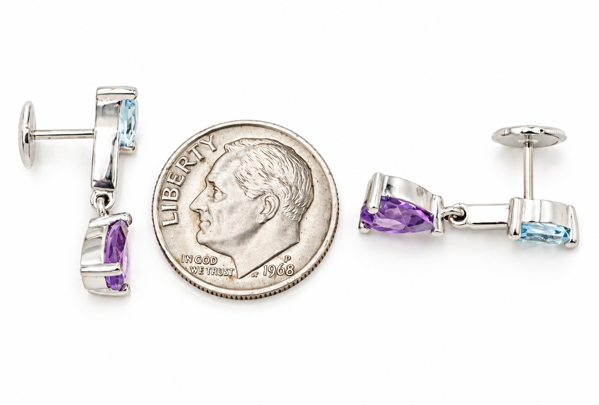 Estate 18k White Gold Designer Feraud Topaz & Amethyst Gemstone Dangle/Drop Earrings shown next to a US dime for scale.