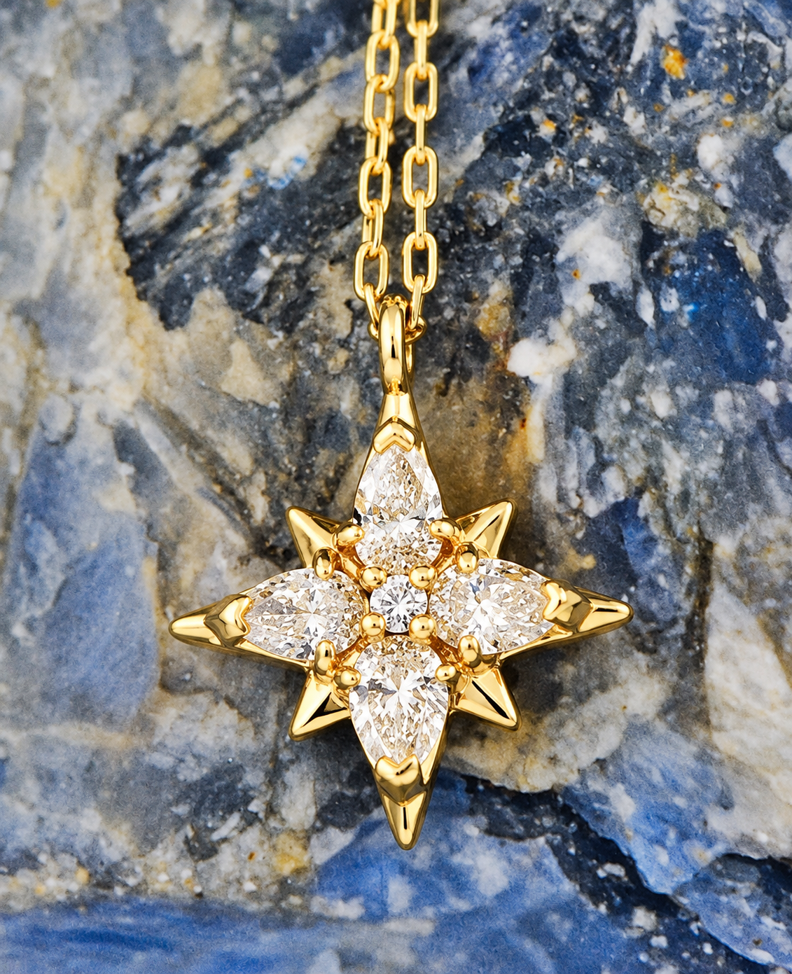Kent Island Jewelry Estate 18k Yellow Gold Diamond Starburst Cable Chain Link Necklace with pear and round-cut diamonds.