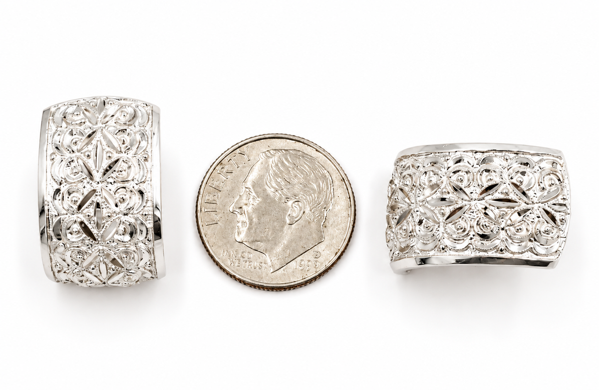 Estate 14k Yellow Gold Open Work Flower Dangle Earrings with an intricate openwork pattern, shown next to a U.S. dime.