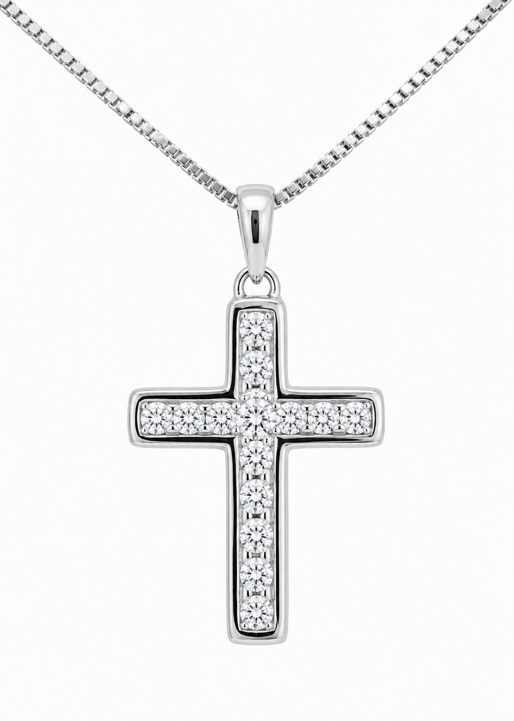 A white gold cross pendant necklace paved with small clear stones, hanging from a box chain against a plain white background.