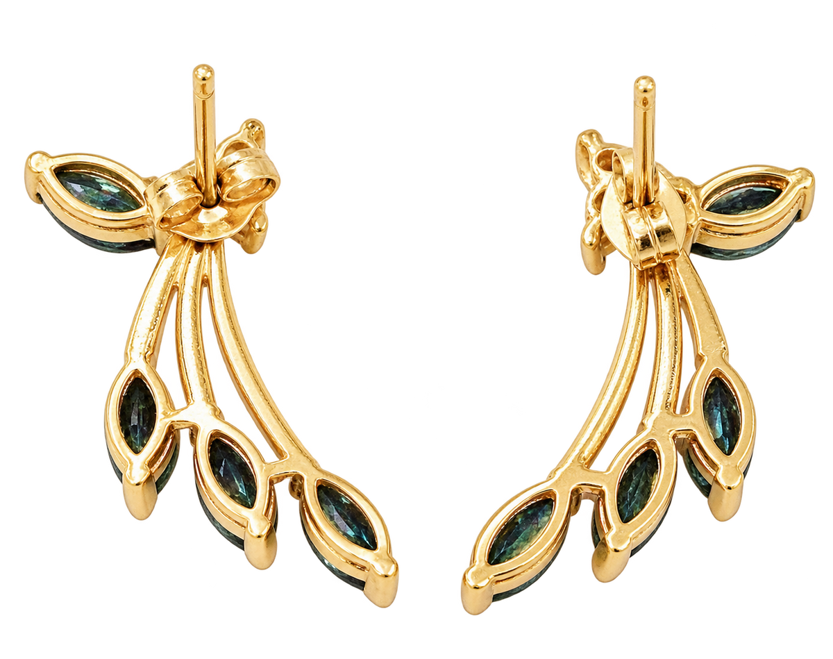 Estate 14k Yellow Gold Diamond & Sapphire Gemstone Dangle/Drop Earrings: leaf-shaped, featuring marquise-cut blue gems.