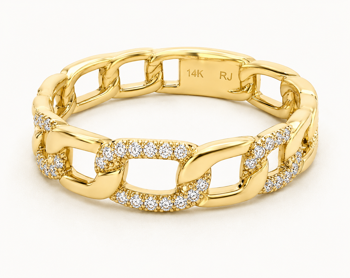 Roman & Jules 14K yellow gold chain link ring features sparkling accents and is engraved with 14K RJ.