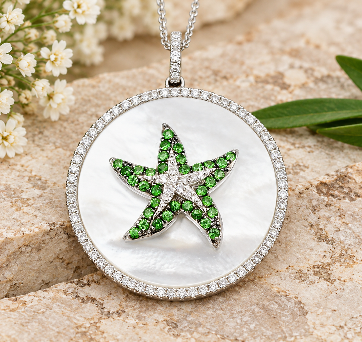 Kent Island Jewelry 14k White Gold Diamond MOP & Green Gem Starfish necklace features a starfish on a mother-of-pearl disc.