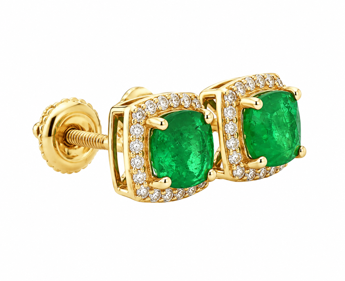 Kent Island Jewelry Estate 10K yellow gold cushion-cut emerald halo stud earrings with screw-backs.