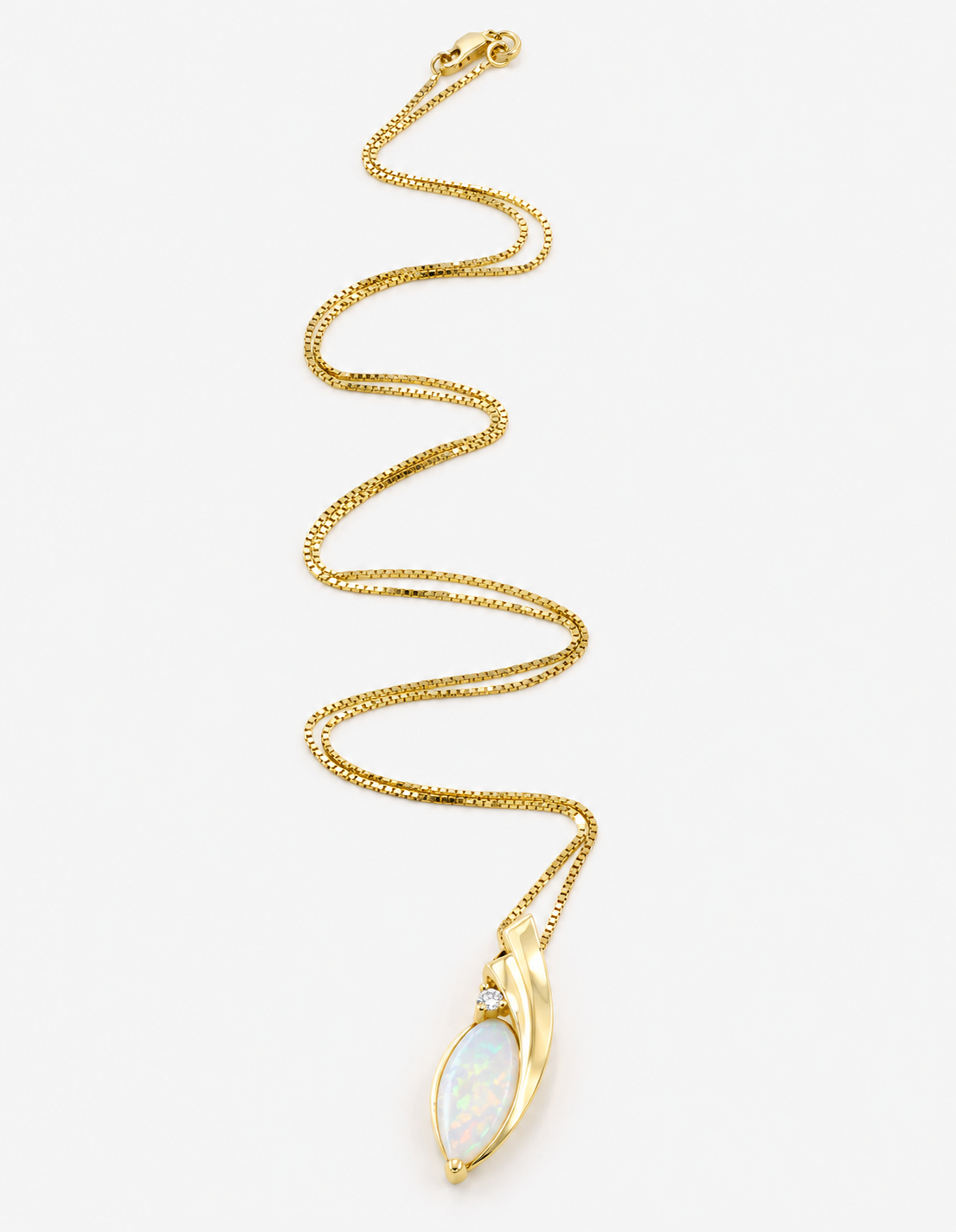 Estate 14k Yellow Gold Diamond Fire Opal Gemstone Box Chain Link Necklace with a marquise-cut opal and diamond accent.