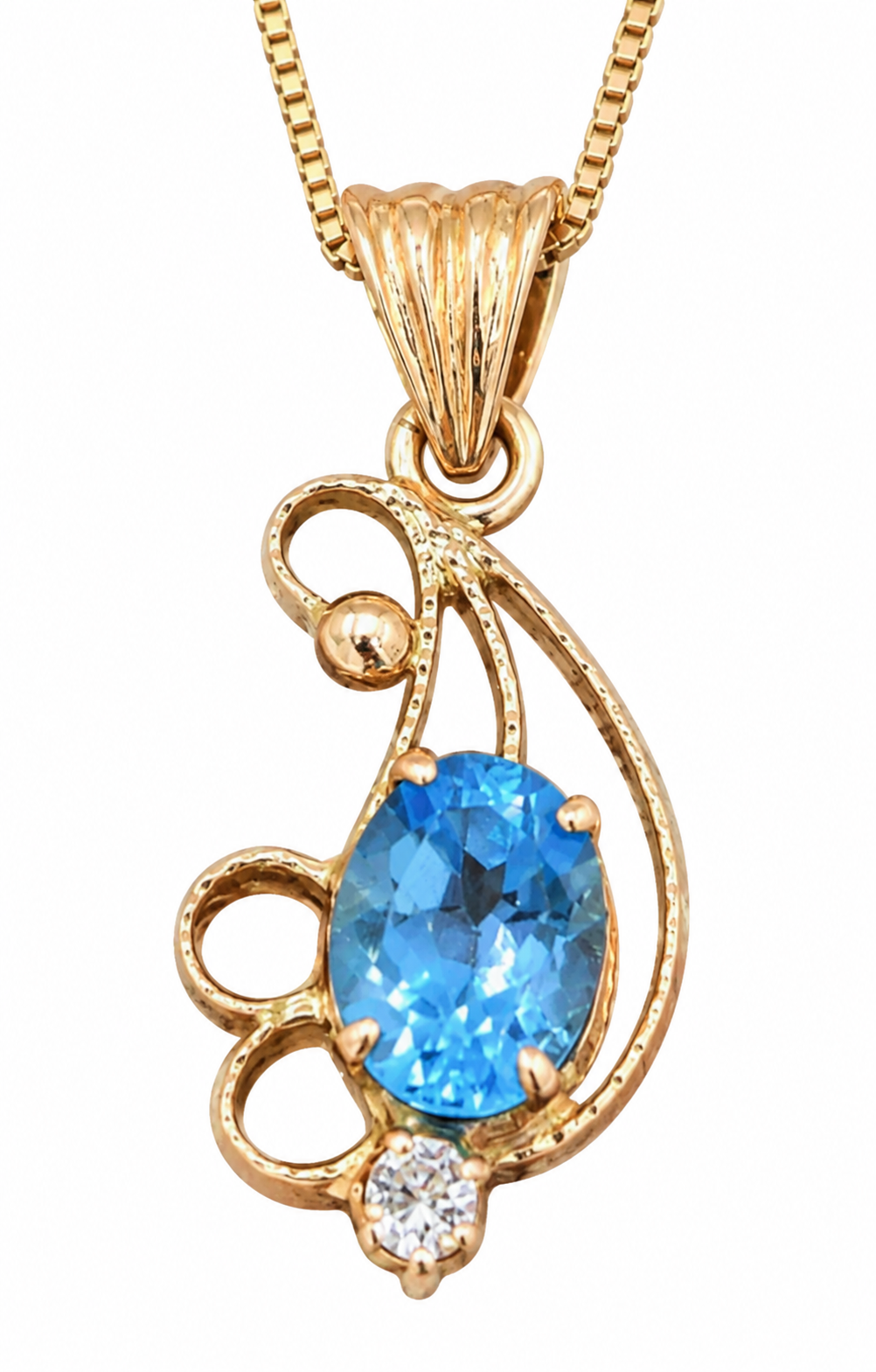Estate 14k Yellow Gold CZ & Topaz Gemstone Box Chain Necklace featuring an oval blue topaz and a small stone in filigree.