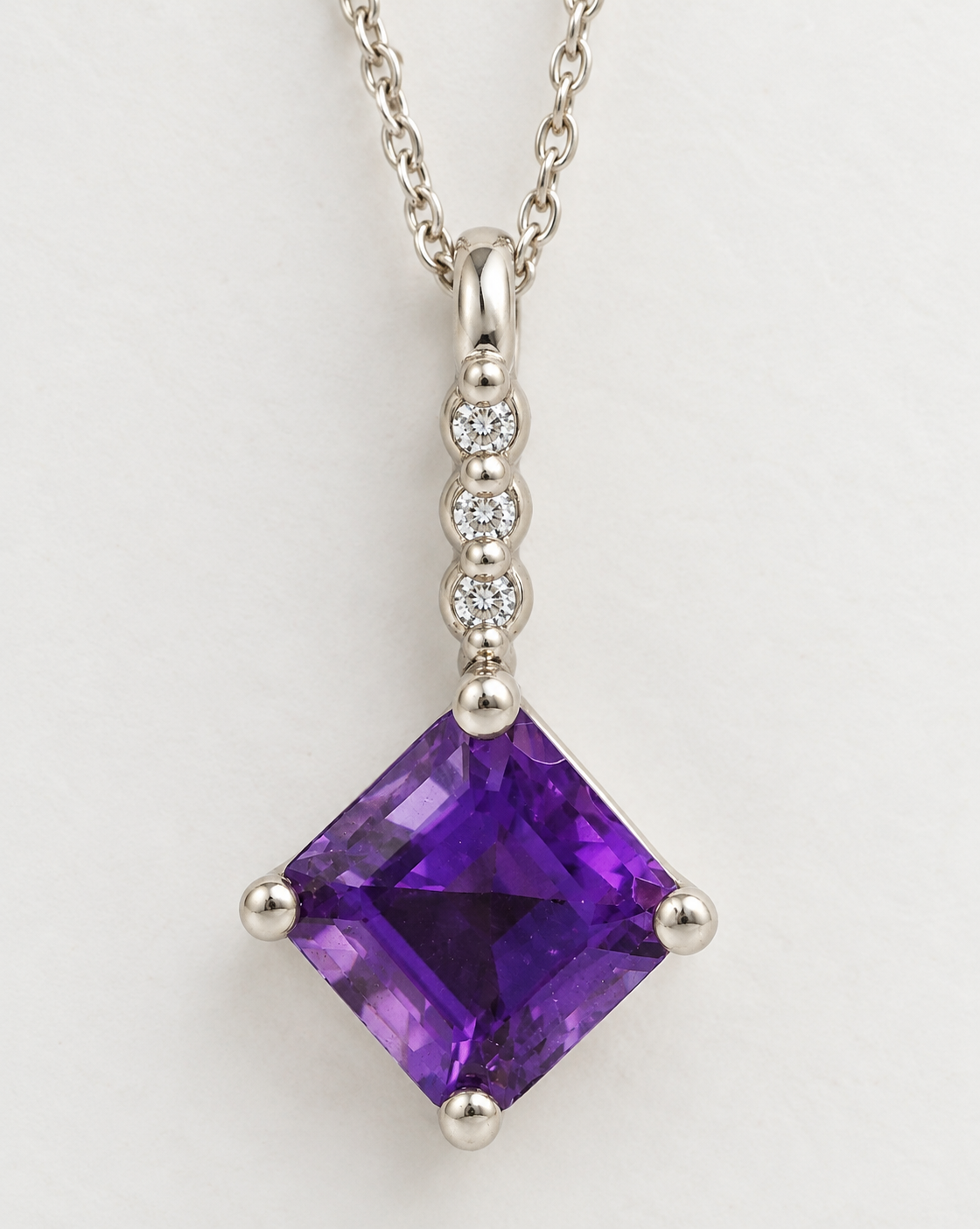 Estate 14k White Gold Diamond & Amethyst Gemstone Rope Chain Necklace with a square-cut purple amethyst and diamond bail.