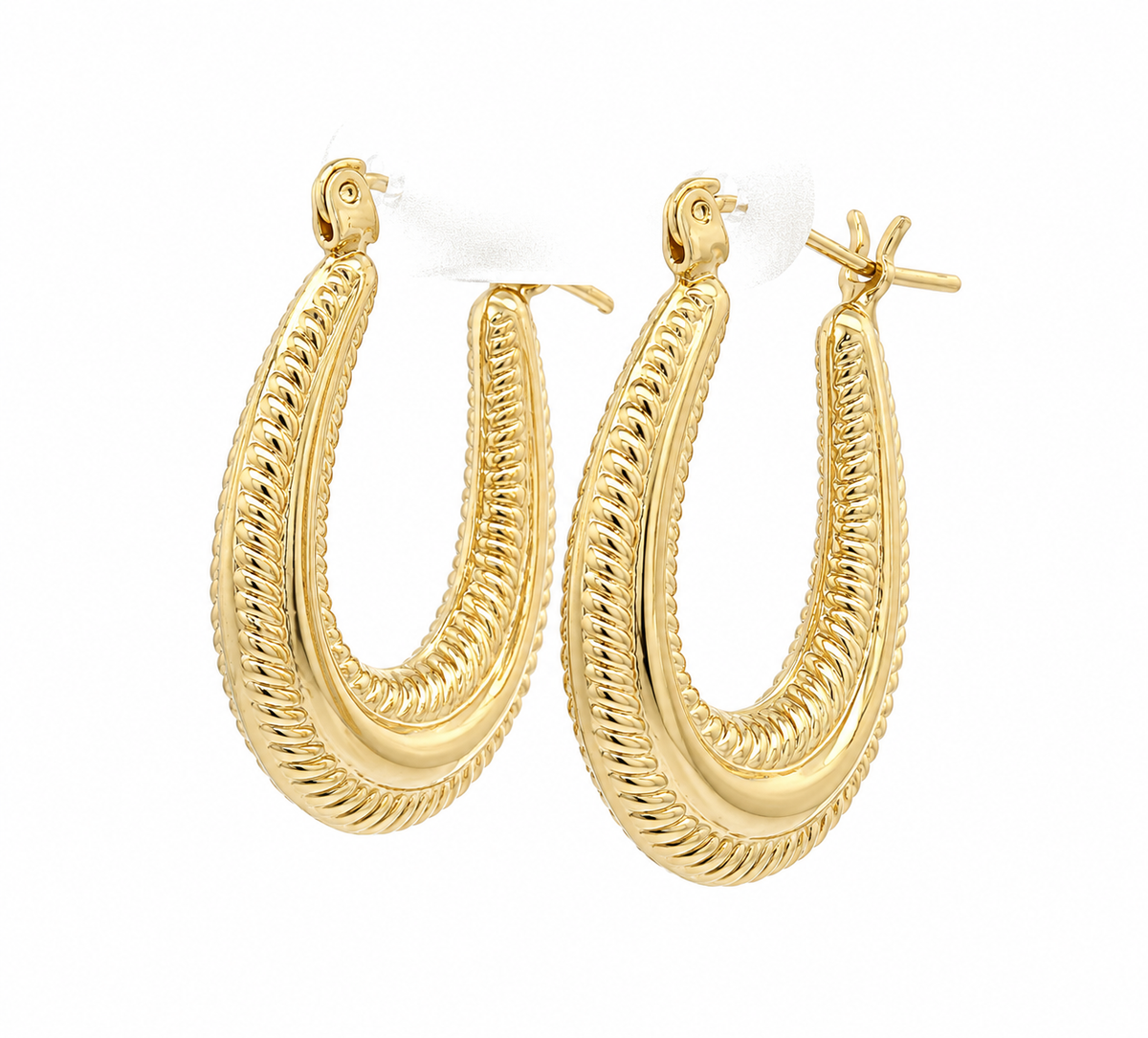Estate 14K YG Textured Hoop Earring by Kent Island Jewelry. Rope detail adds elegant flair against a white backdrop.